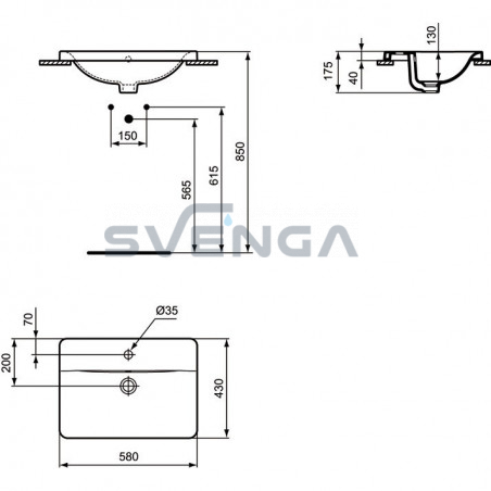 Ideal Standard Connect Rectangular įleidžiamas praustuvas su skyle maišytuvui