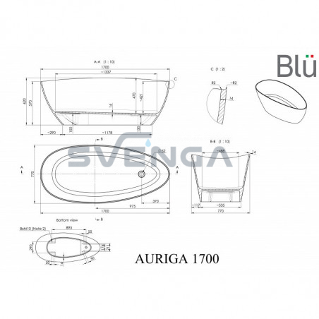 Blu Auriga 170x770mm lieto akmens vonia