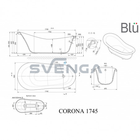 Blu Corona 1745x820mm retro stiliaus vonia