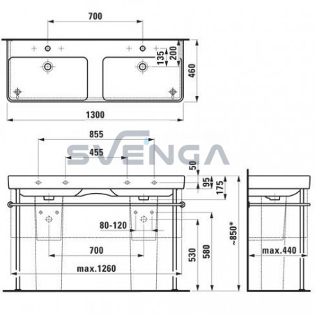 Laufen Pro S dviejų dubebų pakabinamas praustuvas 1200x460 ir 1300x460