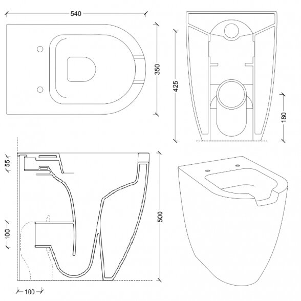 Alice Ceramica Form Square Open Rimless 540x350xH500 pristatomas klozetas 1