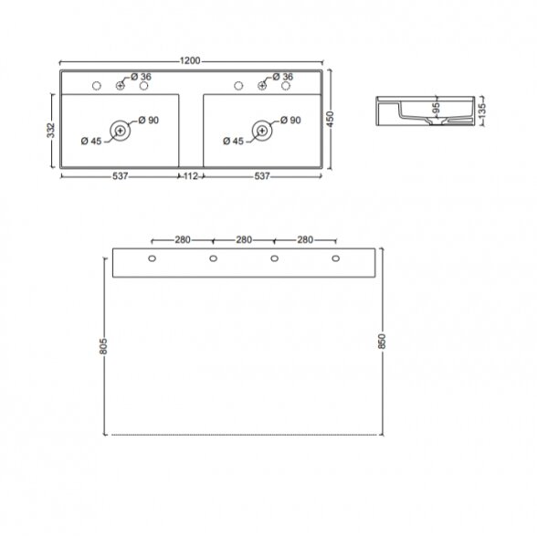 Alice Ceramica Hide 1200x450 pastatomas arba pakabinamas praustuvas 6