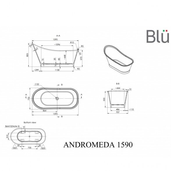 Blu Andromeda 1595x732mm lieto akmens vonia 1