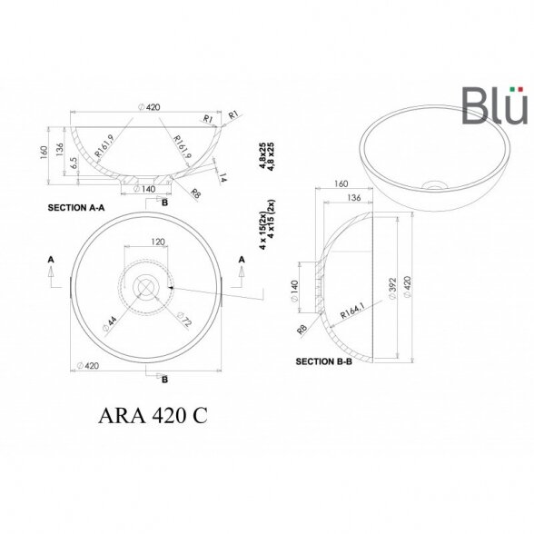 Blu ARA 420 pastatomas ant stalviršio praustuvas 420x420 su Evermite danga 2