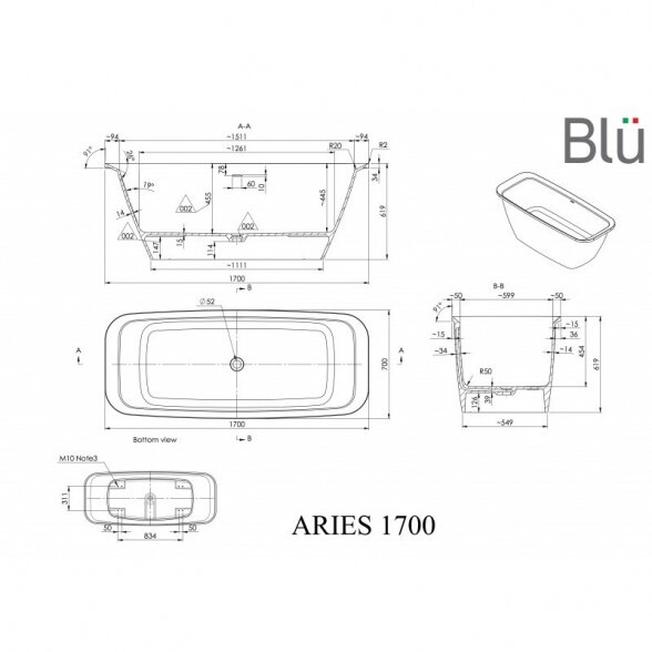 Blu Aries 1700x700mm lieto akmens vonia 1