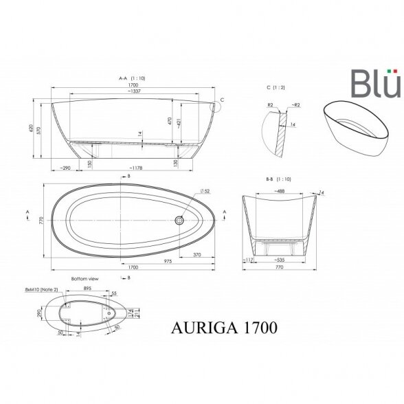 Blu Auriga 1700x770 mm lieto akmens vonia 1