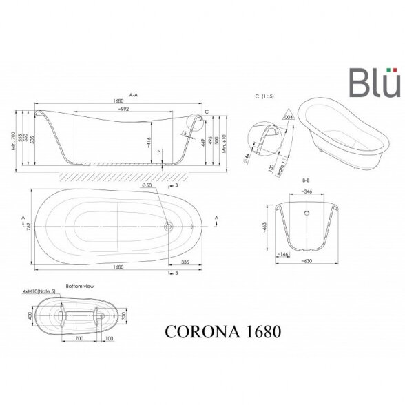 Blu Corona 1680x762mm retro stiliaus vonia 1