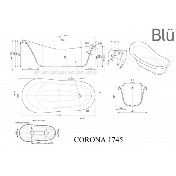 Blu Corona 1745x820 mm retro stiliaus vonia 1