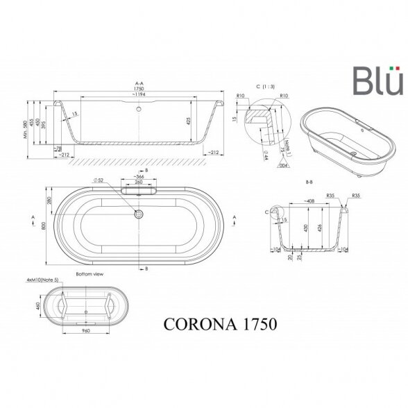 Blu Corona 1750x800mm retro stiliaus vonia 1