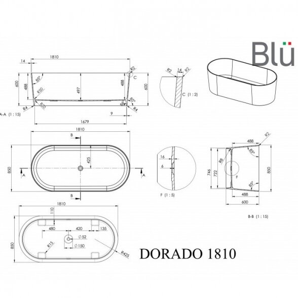 Blu Dorado 1810x850mm lieto akmens vonia 1