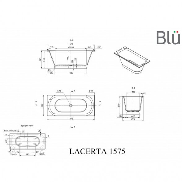 Blu Lacerta 1575x700mm lieto akmens vonia 1