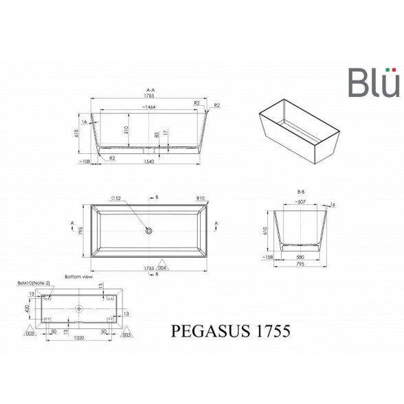 Blu Pegasus 1755x795mm lieto akmens vonia 1