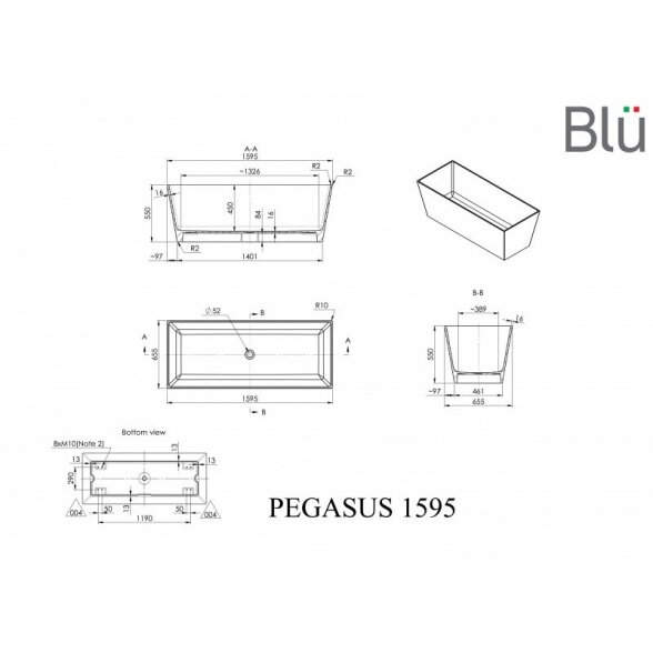 Blu Pegasus Mini 1595x655mm lieto akmens vonia 1