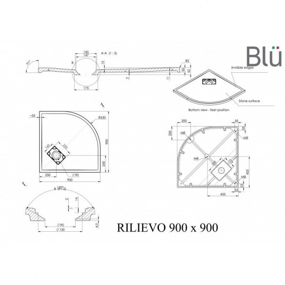 Blu Rilievo Round rifliuotas lieto akmens dušo padėklas 90x90 1