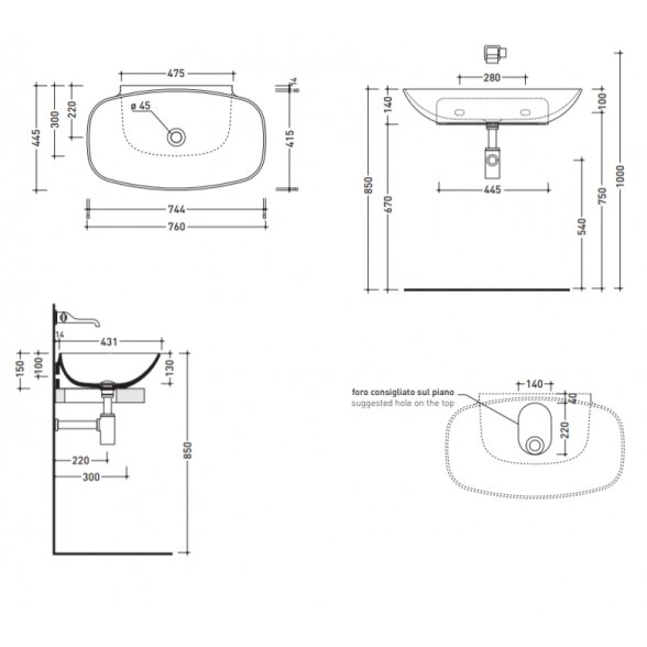 Flaminia Nudaslim 760x445xH150 pastatomas arba pakabinamas praustuvas 2