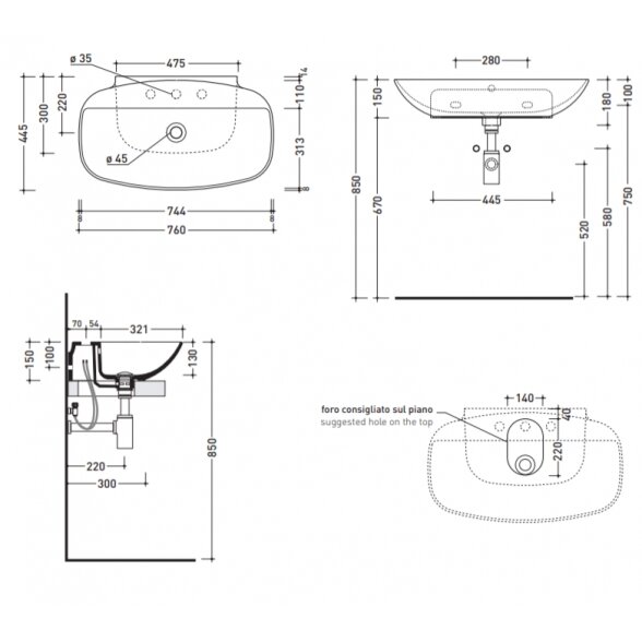 Flaminia Nudaslim 760x445xH150 pastatomas arba pakabinamas praustuvas ND75PR 2