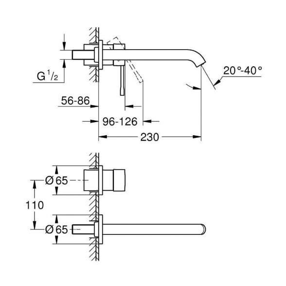 Grohe Essence New praustuvo maišytuvas iš sienos su potinkine dalimi,snapas 23cm 2