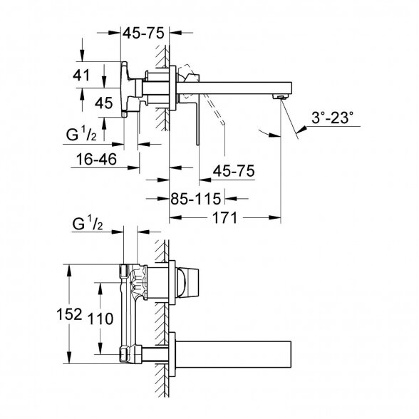 Grohe Eurocube praustuvo maišytuvas iš sienos su potinkine dalimi 6