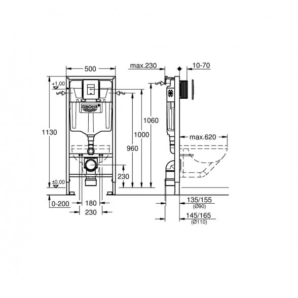 Grohe SL WC potinkinis rėmas 5 in 1 su Laufen Pro New Rimless pakabinamu klozetu ir lėtaeigiu dangčiu 4