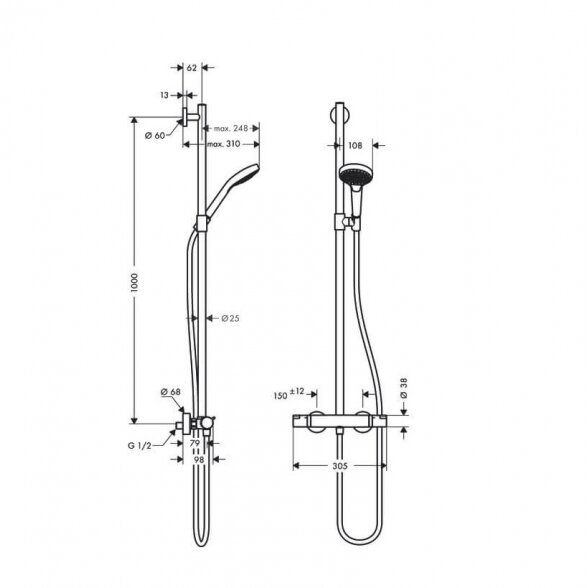 Hansgrohe Croma Select S SemiPipe Multi 27247400 termostatinis dušo komplektas 1