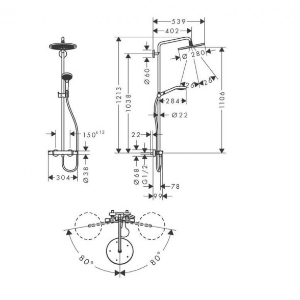 Hansgrohe Croma Select S Showerpipe 280 26790000 termostatinis dušo komplektas 2