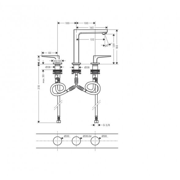 Hansgrohe Metropol 160 praustuvo maišytuvas trijų dalių, chromo sp. 1