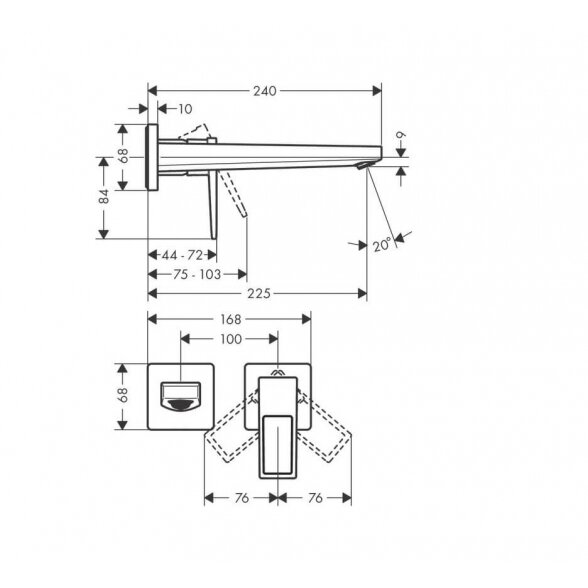 Hansgrohe Metropol 225 mm praustuvo maišytuvas iš sienos, chromo sp. 2