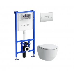 Laufen LIS CW1 potinkinis rėmas su pakabinamu klozetu Laufen Pro Rimless Pack ir plonu lėtaeigiu dangčiu