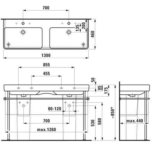 Laufen Pro S dviejų dubebų pakabinamas/baldinis praustuvas 1200x460 ir 1300x460 4