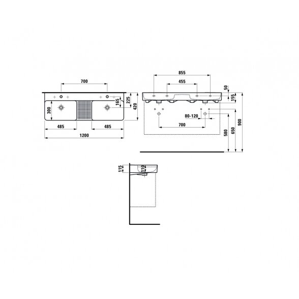 Laufen Val 120x42 dviejų dubenų pakabinamas/baldinis praustuvas 2