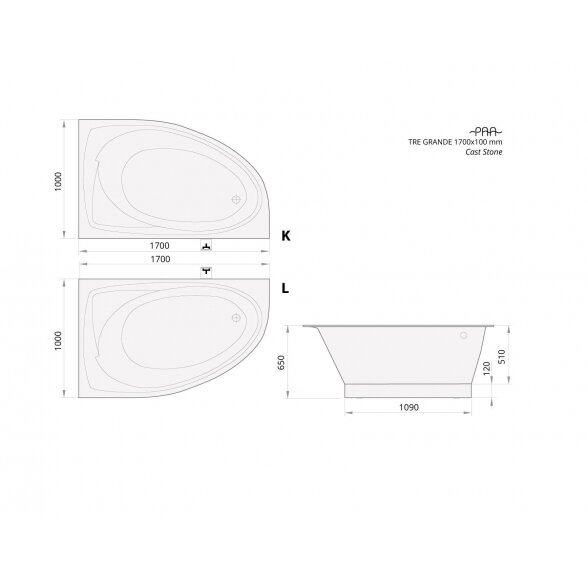 PAA Tre Grande kampinė lieto akmens vonia 1700x1000 mm 3