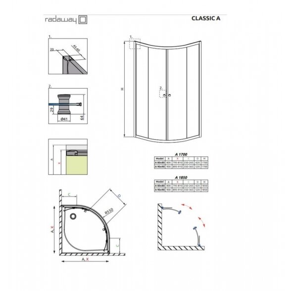 Radaway Classic A 1700 pusapvalė dušo kabina 2