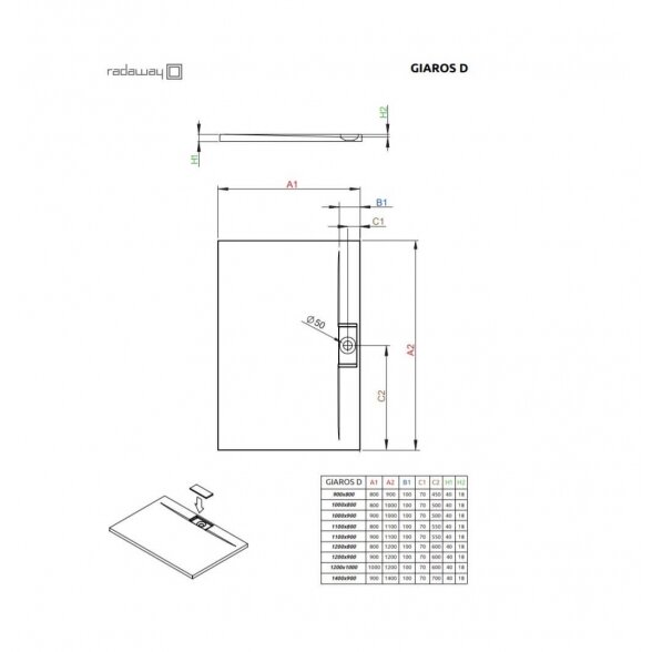 Radaway Giaros D kvadratinis lieto akmens dušo padėklas 1