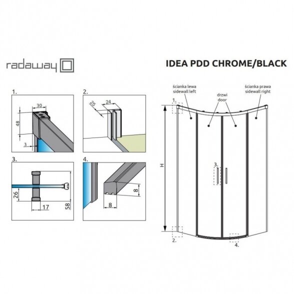 Radaway Idea Black PDD pusapvalė dušo kabina 6