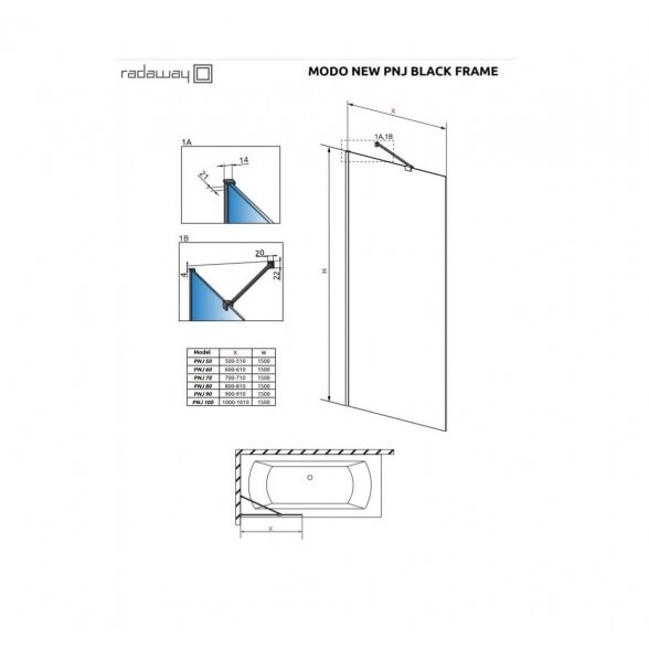 Radaway Modo New Black PNJ Frame vonios sienelė 4