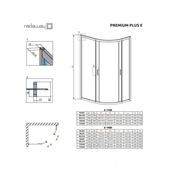 Radaway Premium Plus E 1700 pusapvalė dušo kabina 9