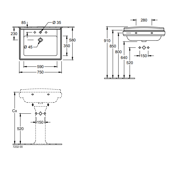 Villeroy & Boch Hommage 75cm pakabinamas praustuvas 9