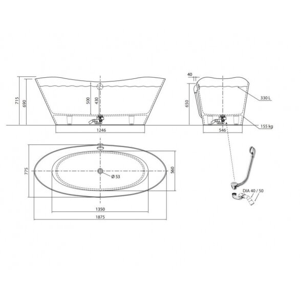 Vispool Aura Alfeo 1875x775 mm lieto akmens vonia 9