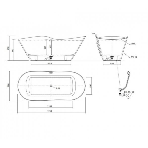 Vispool Aura Amida 1750x780 mm lieto akmens vonia 4