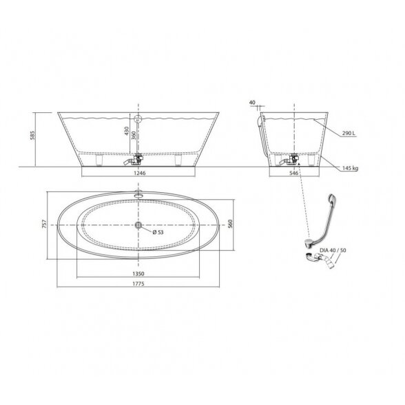 Vispool Aura Beira 3 1775x757 mm lieto akmens vonia 5