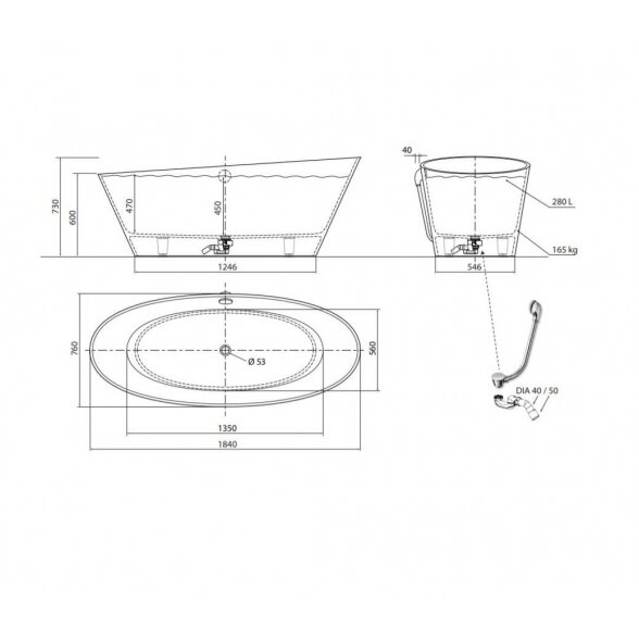 Vispool Aura Carmenta 1840x760 mm lieto akmens vonia 11