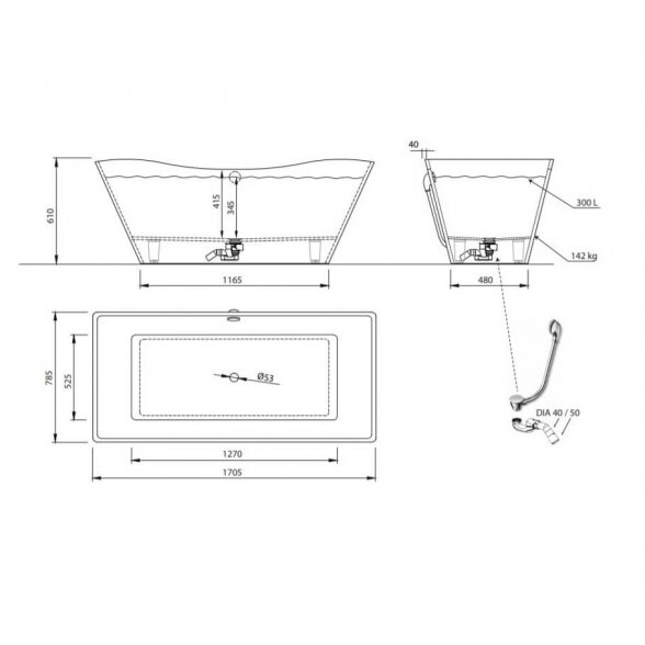 Vispool Aura Eudore 1705x785 mm lieto akmens vonia 10