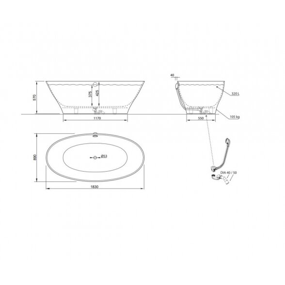 Vispool Aura Galatea 1 1830x890 mm lieto akmens vonia 4