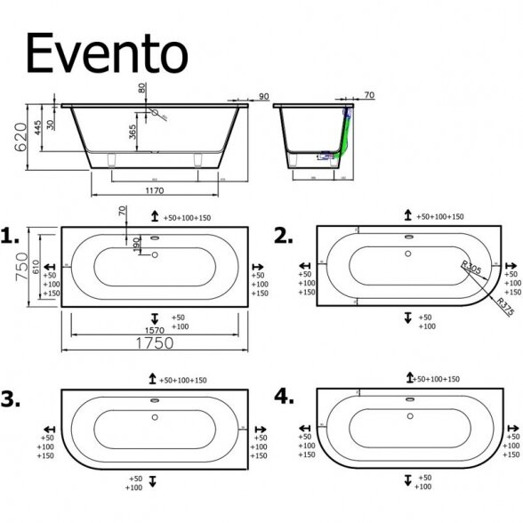 Vispool Evento 1 1750x750 mm lieto akmens vonia 1