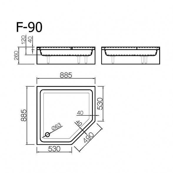 Vispool F-90 pusgilis lieto akmens dušo padėklas 90x90 1