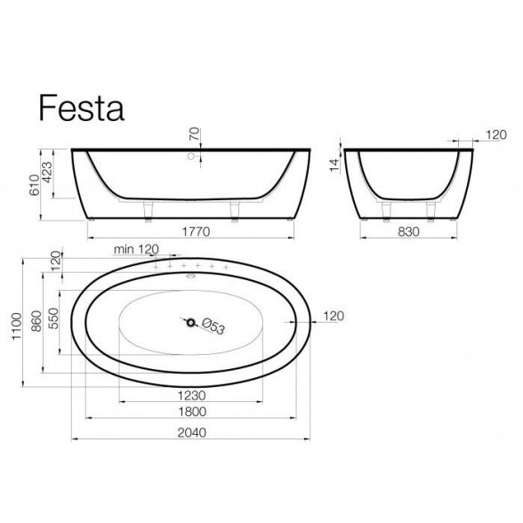 Vispool Festa 2040x1100 mm lieto akmens vonia 2