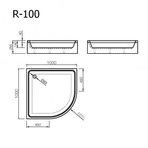 Vispool R-100 pusgilis lieto akmens dušo padėklas 100x100 2